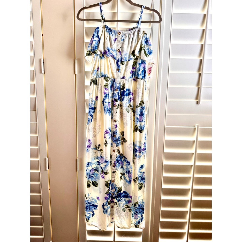 Justice Girls Size 14 Floral Maxi Dress Cold Shoulder‎ Boho Blue Rose Cream NEW